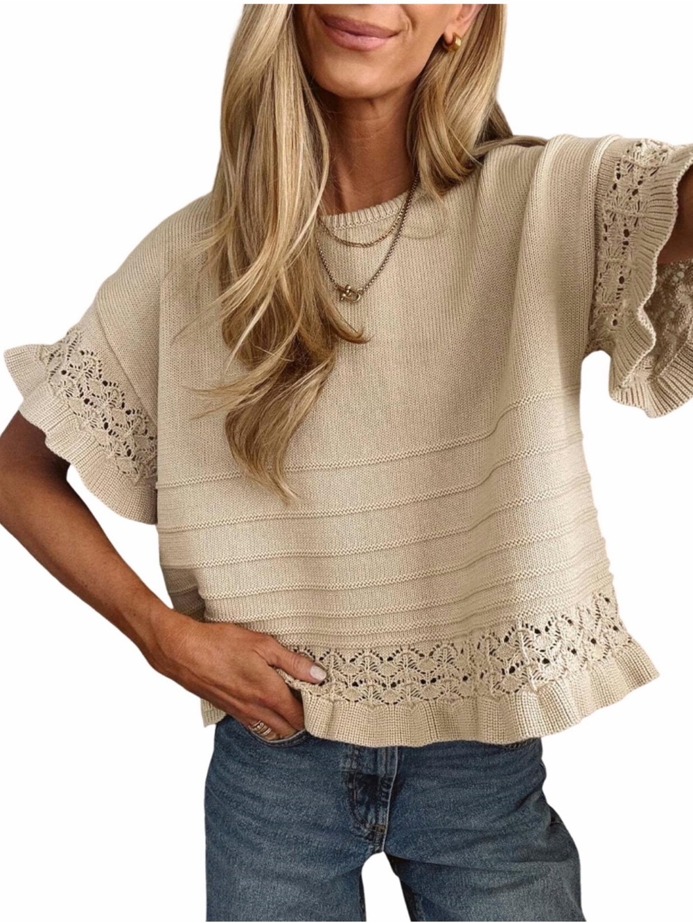 Short Sleeve Sweater Transitional Summer Tan Size L Feminine